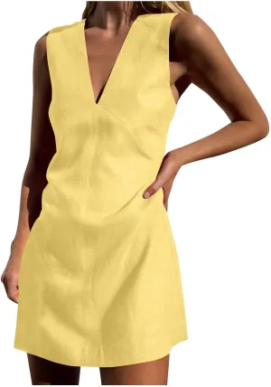Mini Dresses for Women 2025 Fashion V Neck Sleeveless A Line Tank Dress Sundresses for Beach Vacation