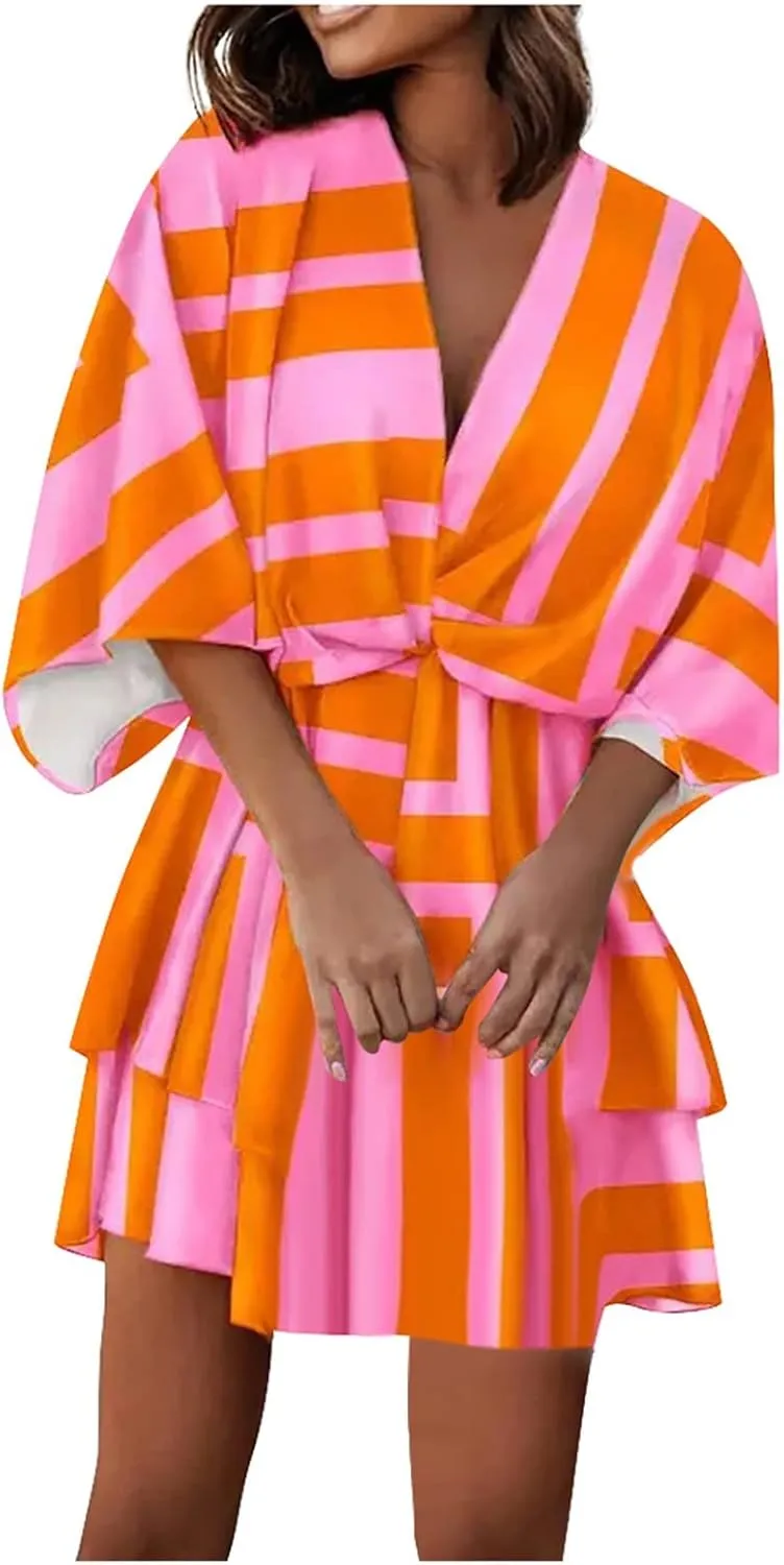 Mini Dresses for Women Summer Boho Floral V Neck Batwing Sleeve Tiered Ruffle Dress Empire Waist Flowy A Line Vacation Dress
