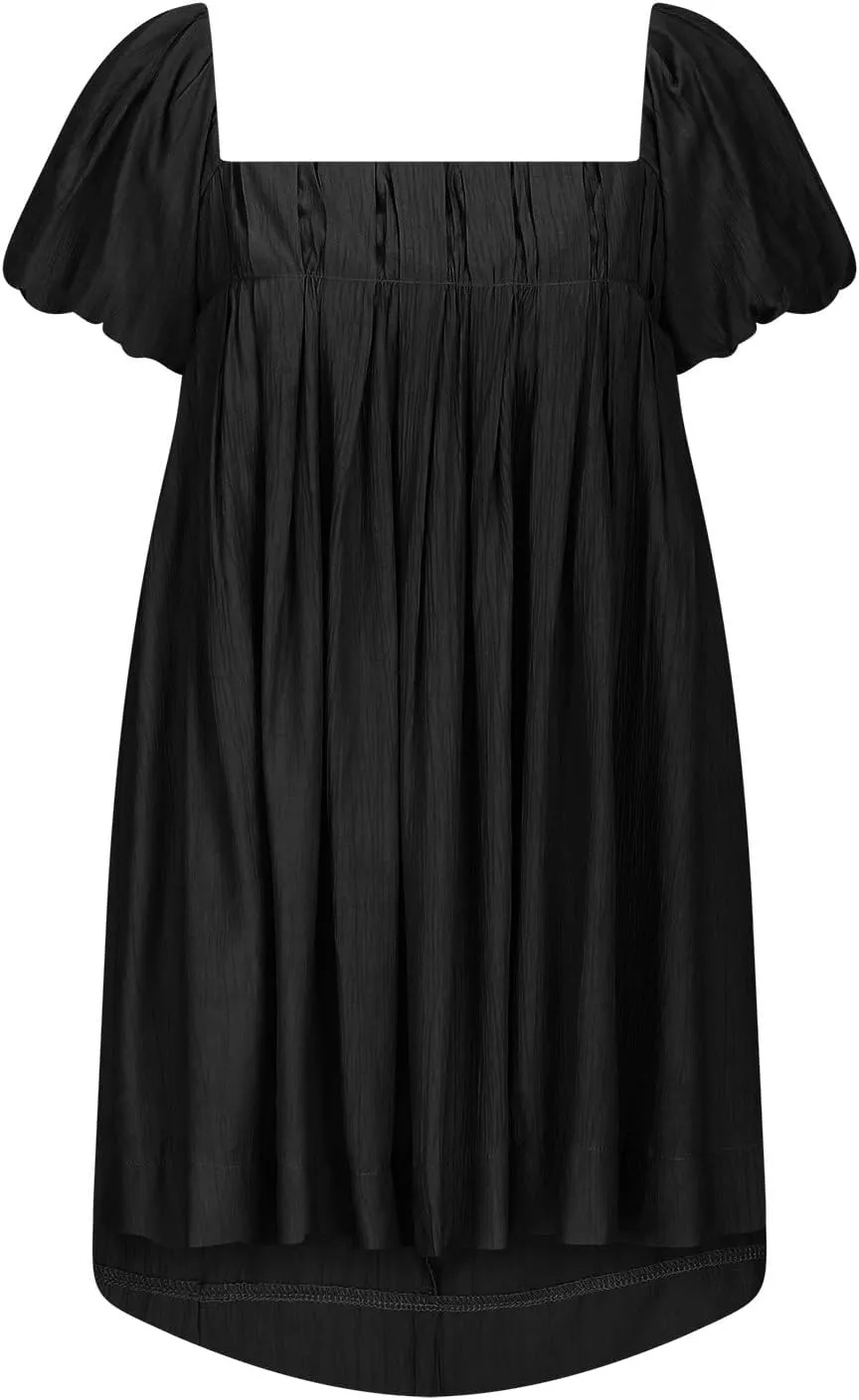 Mini Summer Dress Lounge 2024 Waist Puff Sleeve Knee Length Dresses Ruffle Ruched Solid Color Loose Short Dresses