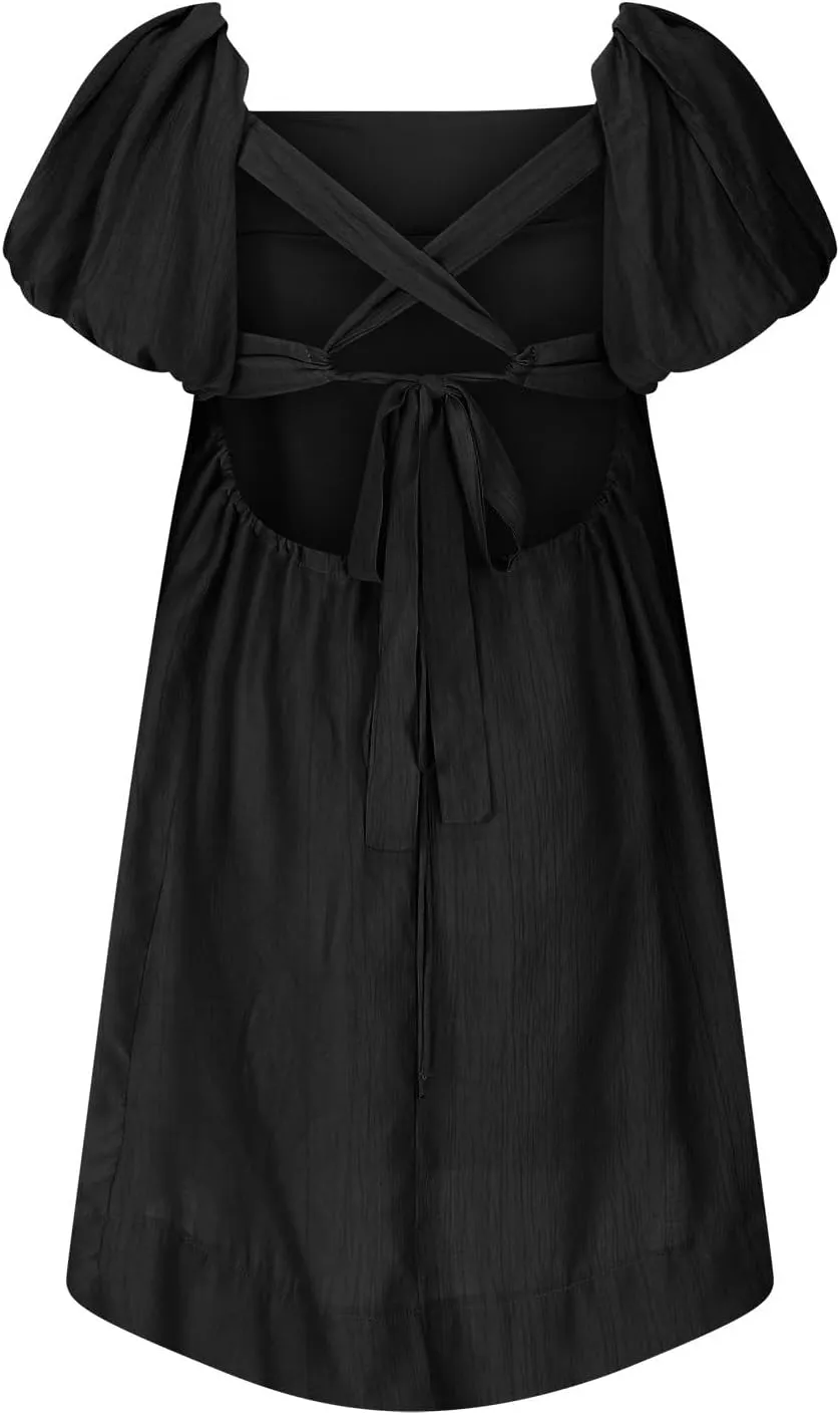 Mini Summer Dress Lounge 2024 Waist Puff Sleeve Knee Length Dresses Ruffle Ruched Solid Color Loose Short Dresses