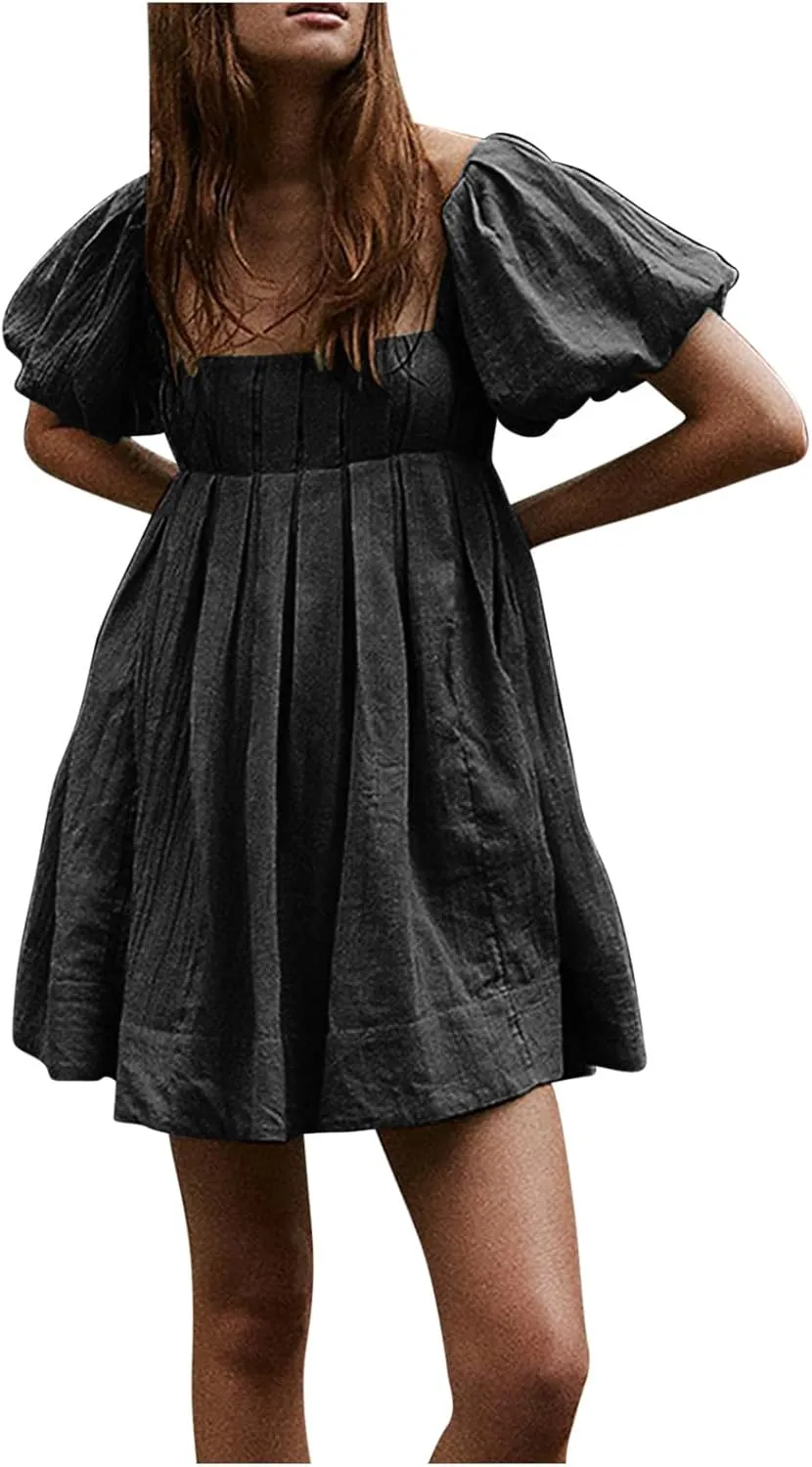 Mini Summer Dress Lounge 2024 Waist Puff Sleeve Knee Length Dresses Ruffle Ruched Solid Color Loose Short Dresses