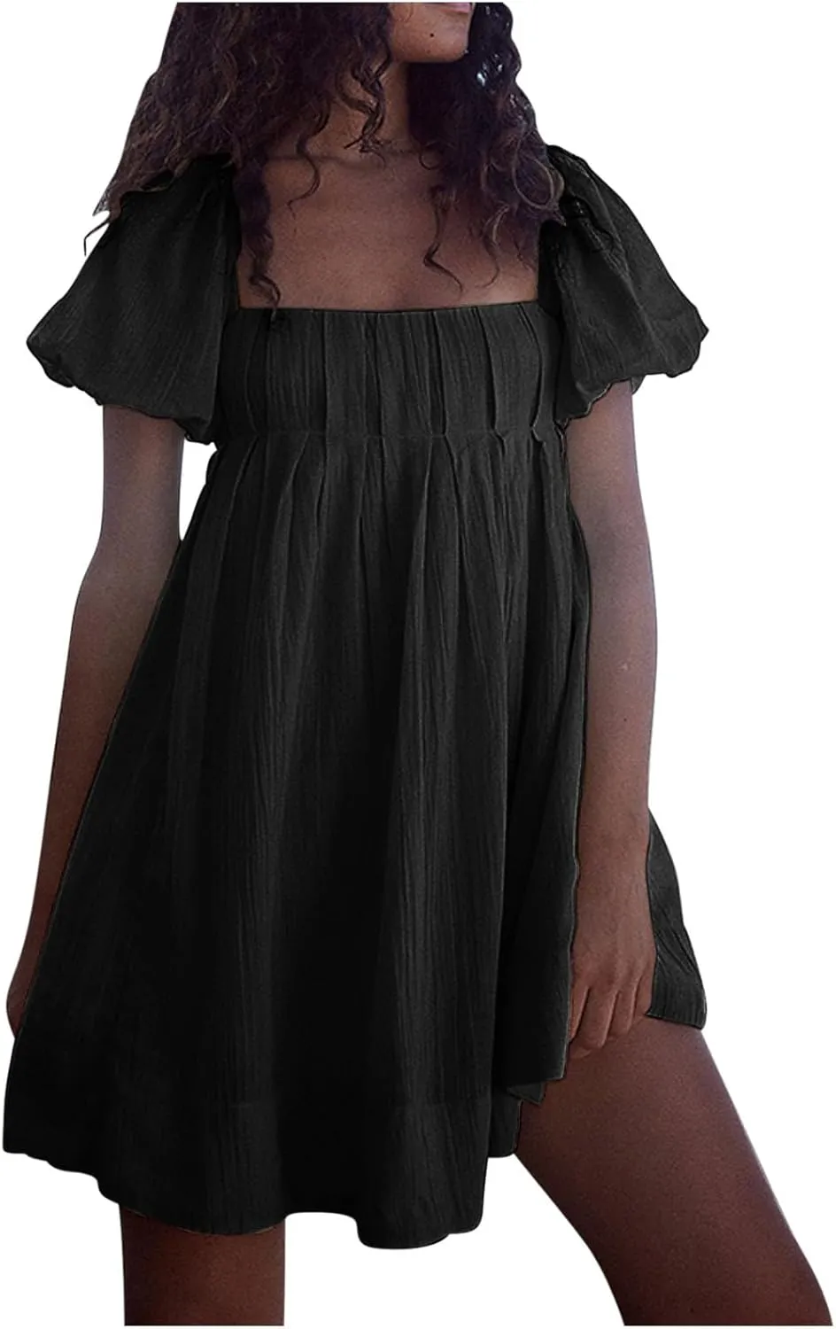Mini Summer Dress Lounge 2024 Waist Puff Sleeve Knee Length Dresses Ruffle Ruched Solid Color Loose Short Dresses