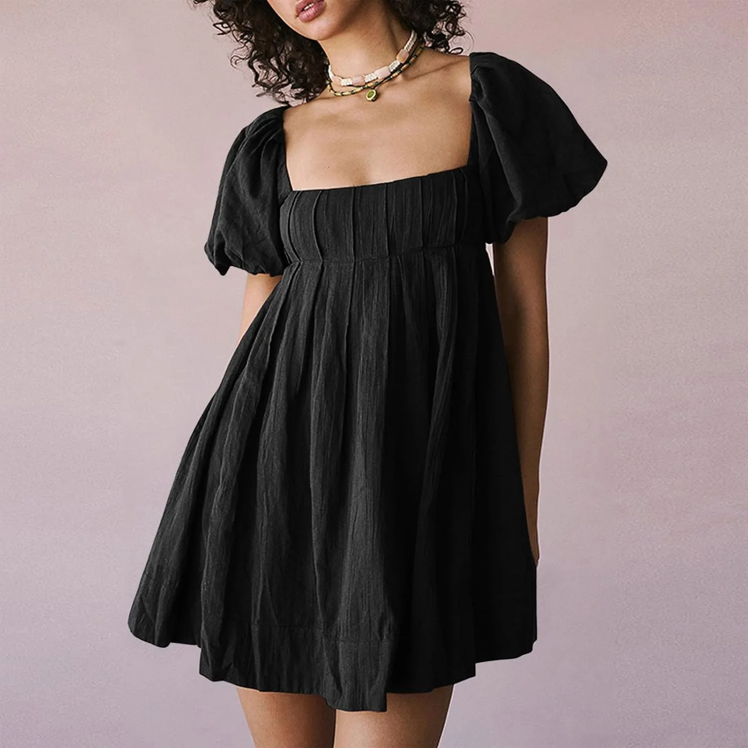 Mini Summer Dress Lounge 2024 Waist Puff Sleeve Knee Length Dresses Ruffle Ruched Solid Color Loose Short Dresses