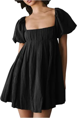 Mini Summer Dress Lounge 2024 Waist Puff Sleeve Knee Length Dresses Ruffle Ruched Solid Color Loose Short Dresses