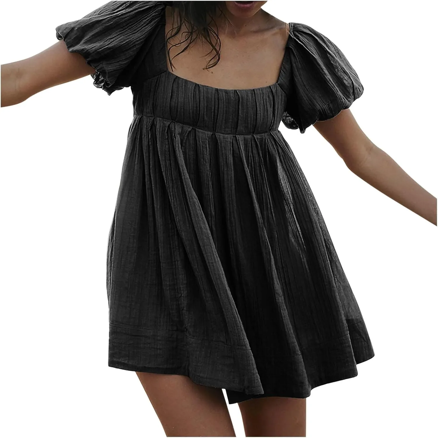 Mini Summer Dress Lounge 2024 Waist Puff Sleeve Knee Length Dresses Ruffle Ruched Solid Color Loose Short Dresses