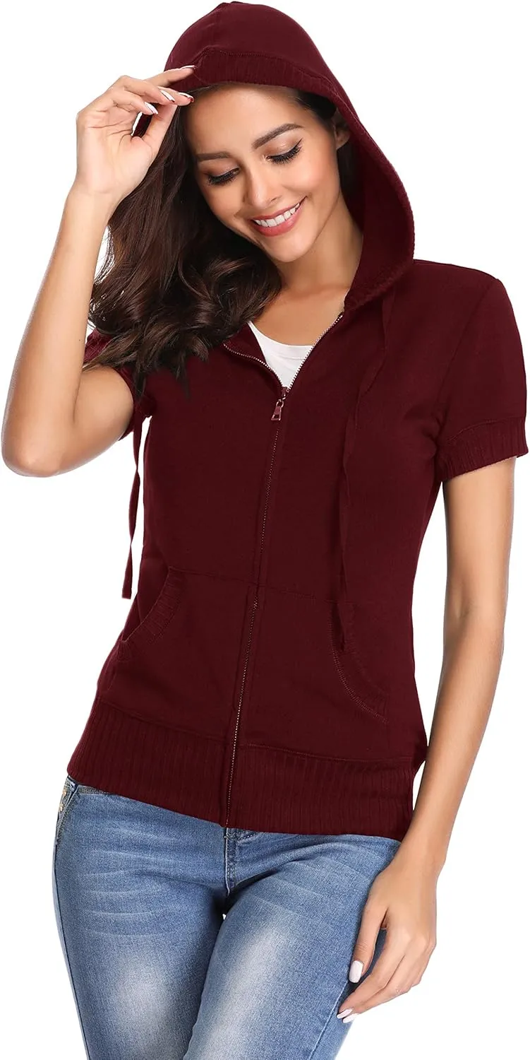 MISS MOLY Women Short Sleeves Hoodie Jacket Full Zip Up Lightweight Sweatshirt Casual