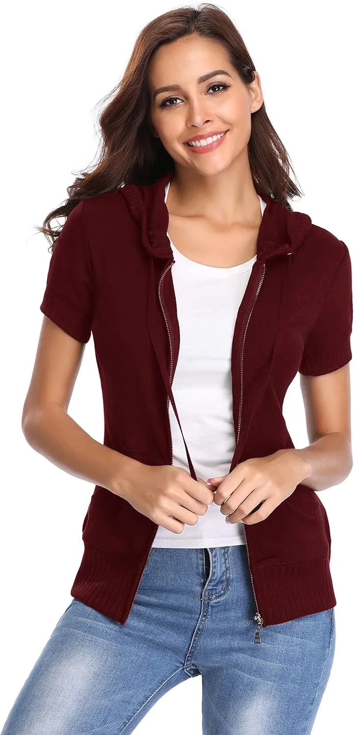 MISS MOLY Women Short Sleeves Hoodie Jacket Full Zip Up Lightweight Sweatshirt Casual