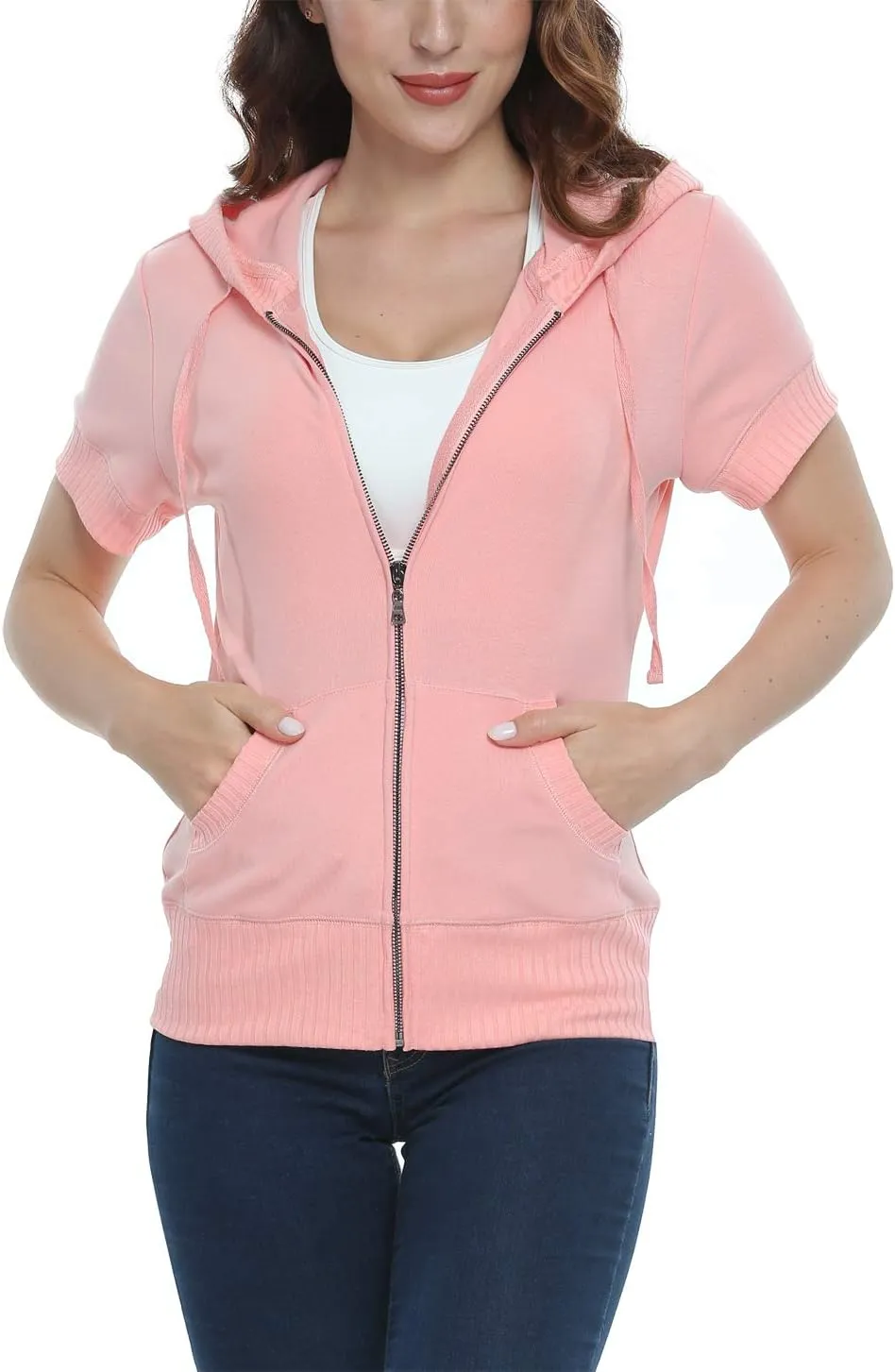 MISS MOLY Women Short Sleeves Hoodie Jacket Full Zip Up Lightweight Sweatshirt Casual