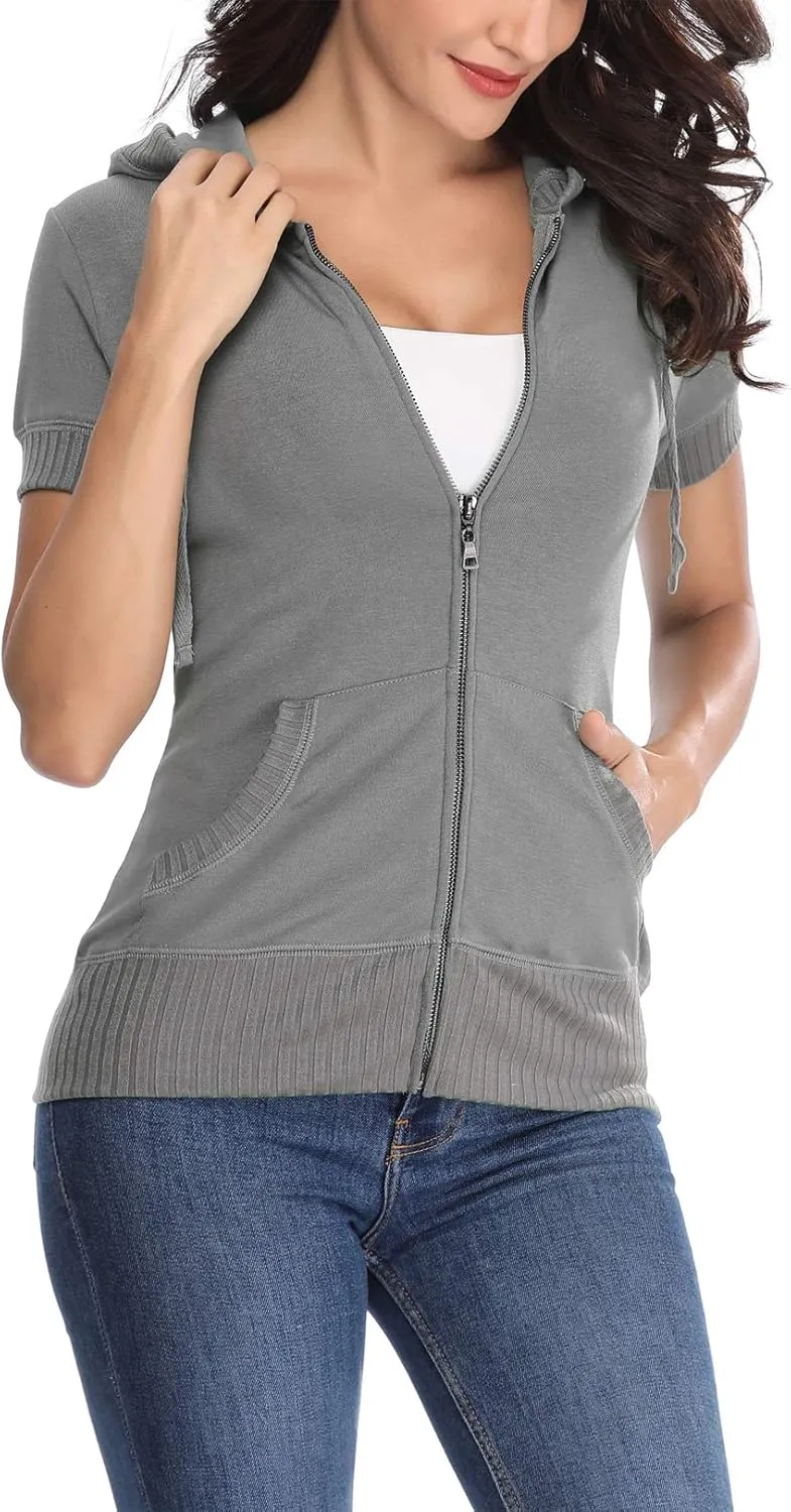 MISS MOLY Women Short Sleeves Hoodie Jacket Full Zip Up Lightweight Sweatshirt Casual