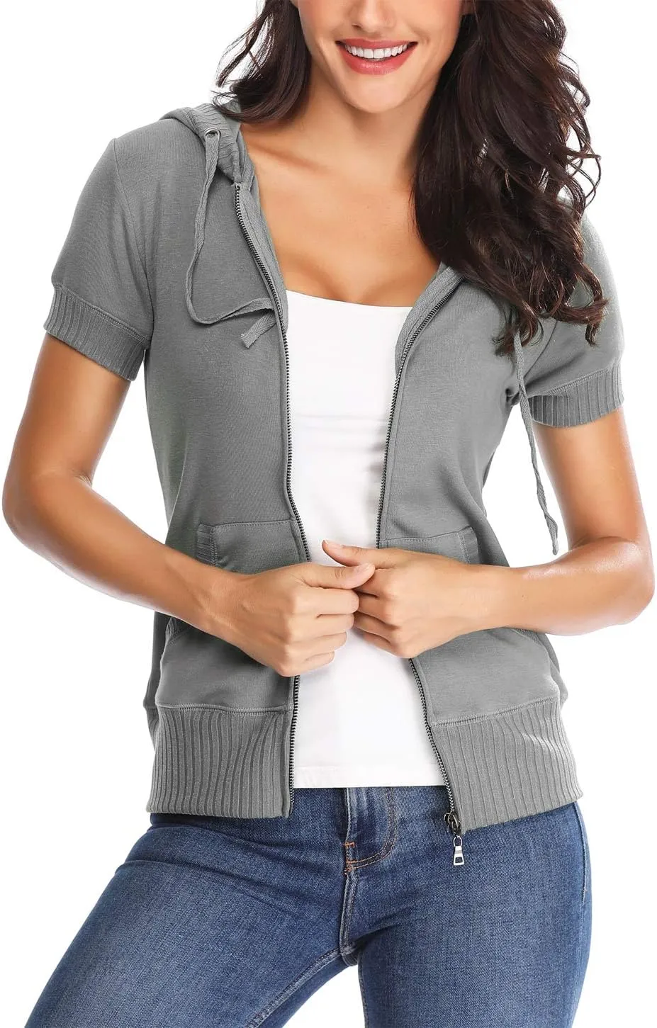 MISS MOLY Women Short Sleeves Hoodie Jacket Full Zip Up Lightweight Sweatshirt Casual