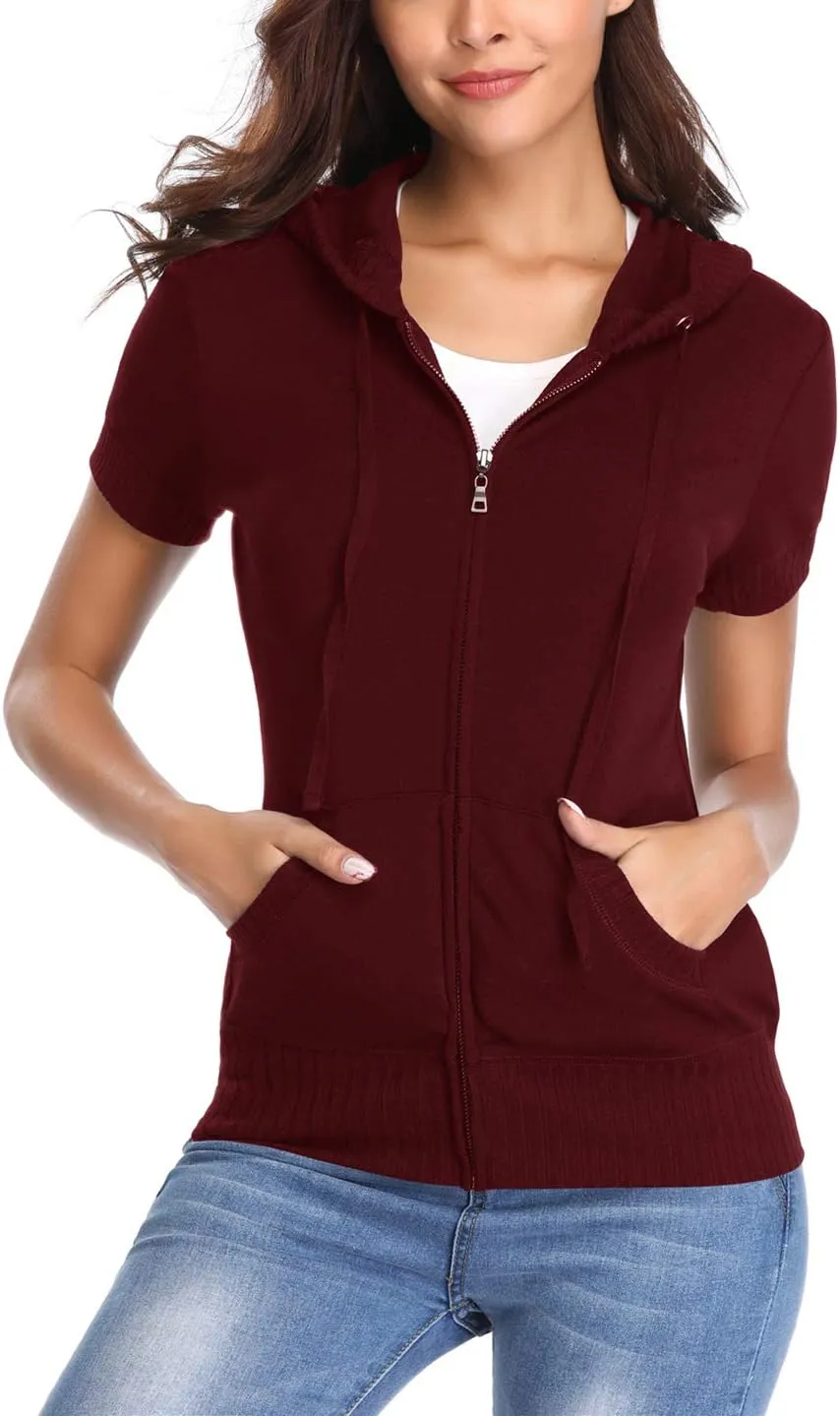 MISS MOLY Women Short Sleeves Hoodie Jacket Full Zip Up Lightweight Sweatshirt Casual