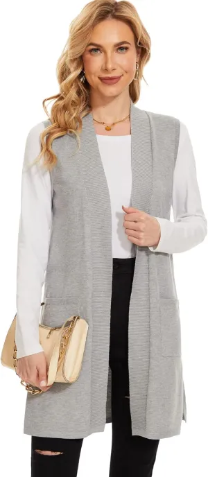 Moss Rose Long Vest for Women Sleeveless Lightweight Open Front Cardigans Ribbed Knit Outwear with Pockets