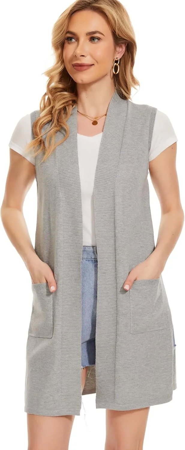 Moss Rose Long Vest for Women Sleeveless Lightweight Open Front Cardigans Ribbed Knit Outwear with Pockets