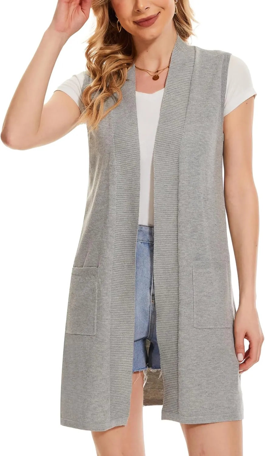 Moss Rose Long Vest for Women Sleeveless Lightweight Open Front Cardigans Ribbed Knit Outwear with Pockets