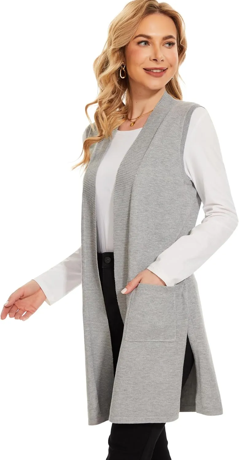 Moss Rose Long Vest for Women Sleeveless Lightweight Open Front Cardigans Ribbed Knit Outwear with Pockets