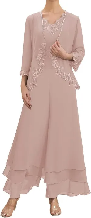 Mother of The Bride Pants Suits for Wedding Chiffon Formal Gown with Sleeves Lace Mother Groom Dress with Jacket YB16
