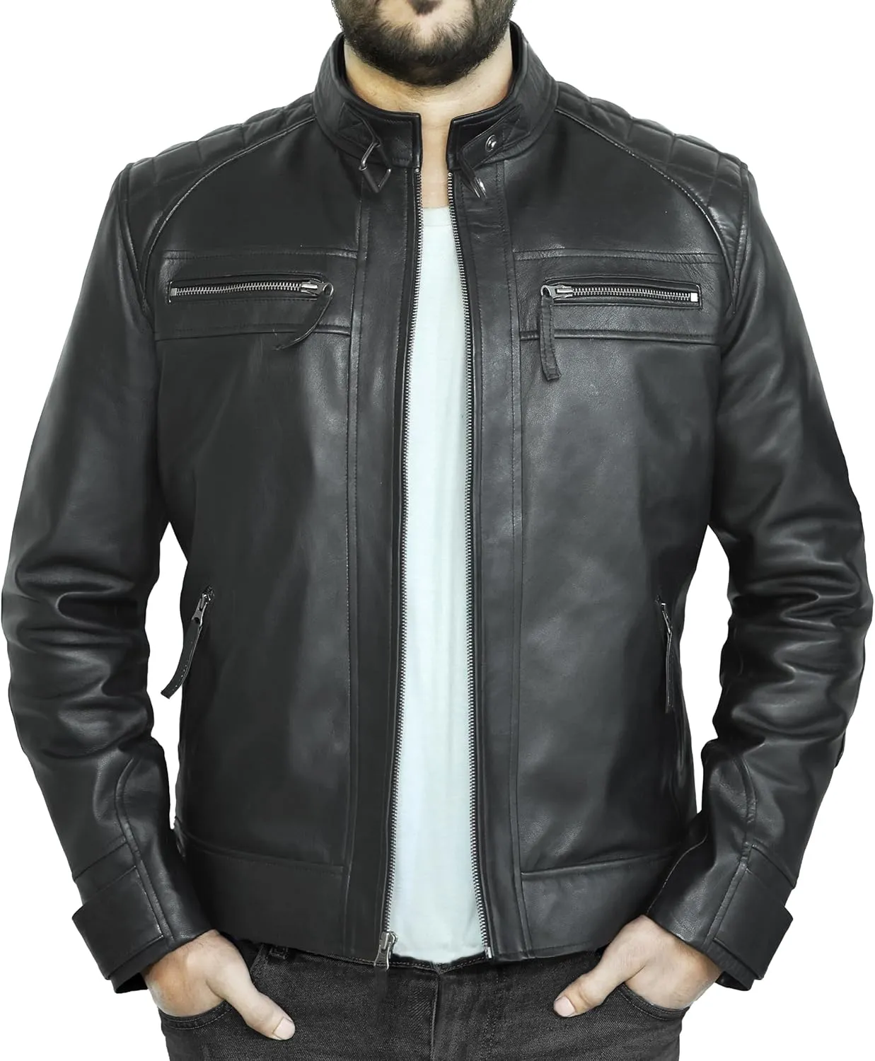 Motorcycle Black Leather Jacket Men - Vintage Biker Cafe Racer Real Lambskin Black Mens Motorcycle Jackets