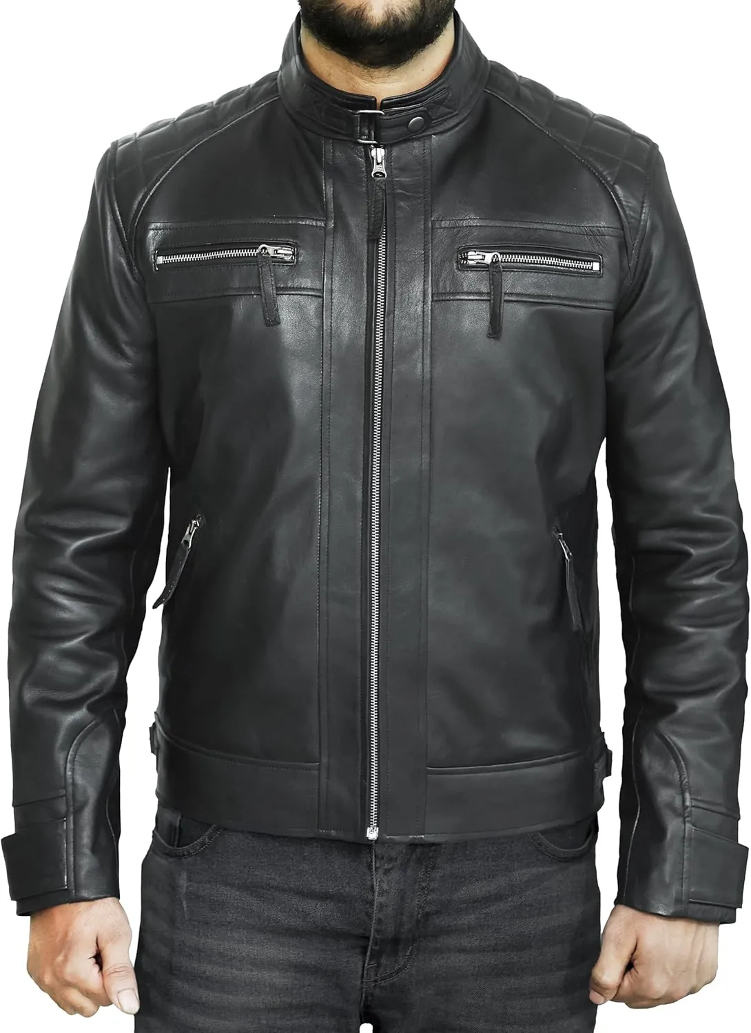 Motorcycle Black Leather Jacket Men - Vintage Biker Cafe Racer Real Lambskin Black Mens Motorcycle Jackets