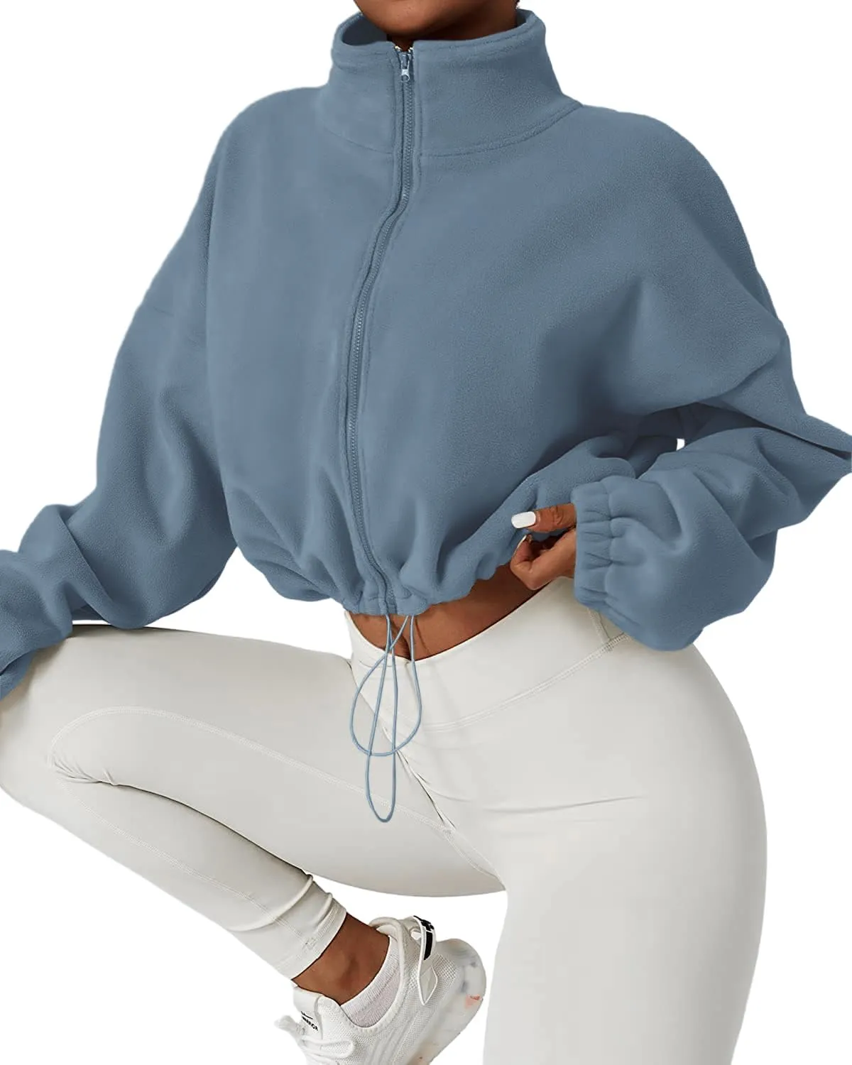 Muchpow Women's Full Zip Fleece Short Jackets Casual Winter Long Sleeve Stand Collar Sherpa Crop Coat