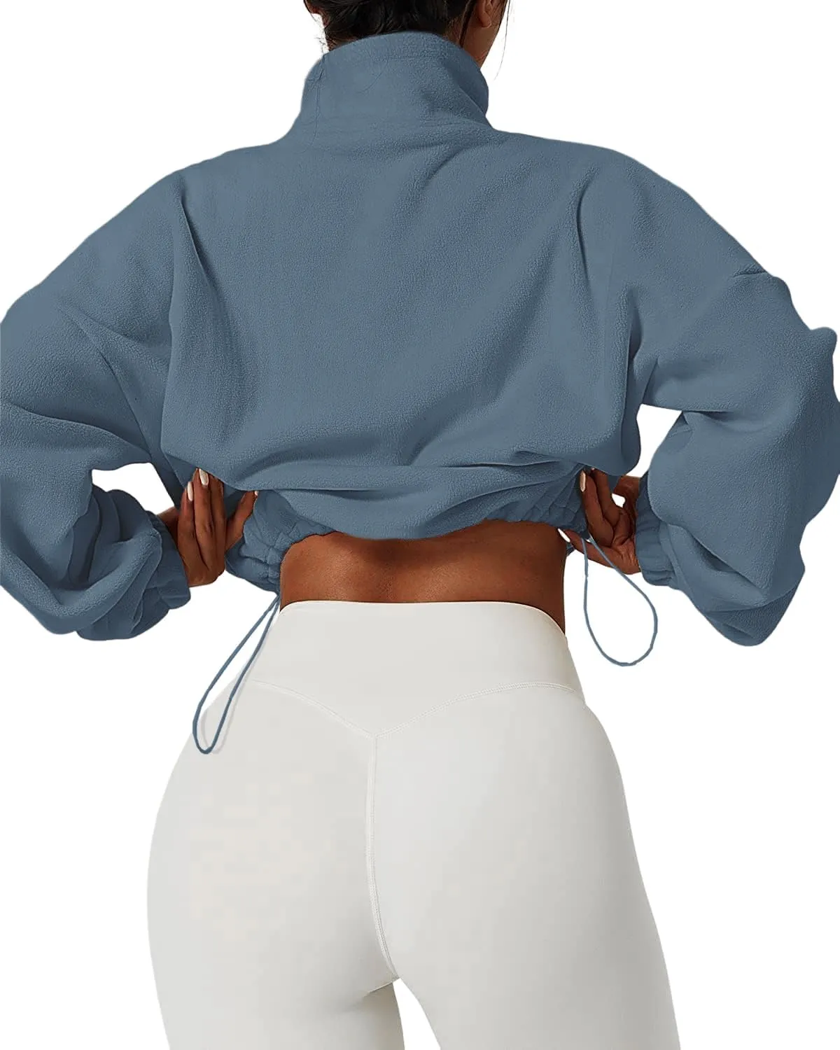 Muchpow Women's Full Zip Fleece Short Jackets Casual Winter Long Sleeve Stand Collar Sherpa Crop Coat