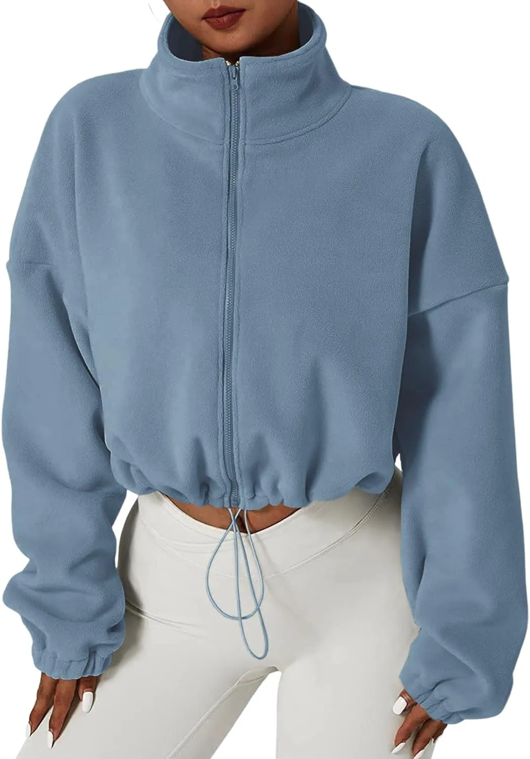 Muchpow Women's Full Zip Fleece Short Jackets Casual Winter Long Sleeve Stand Collar Sherpa Crop Coat