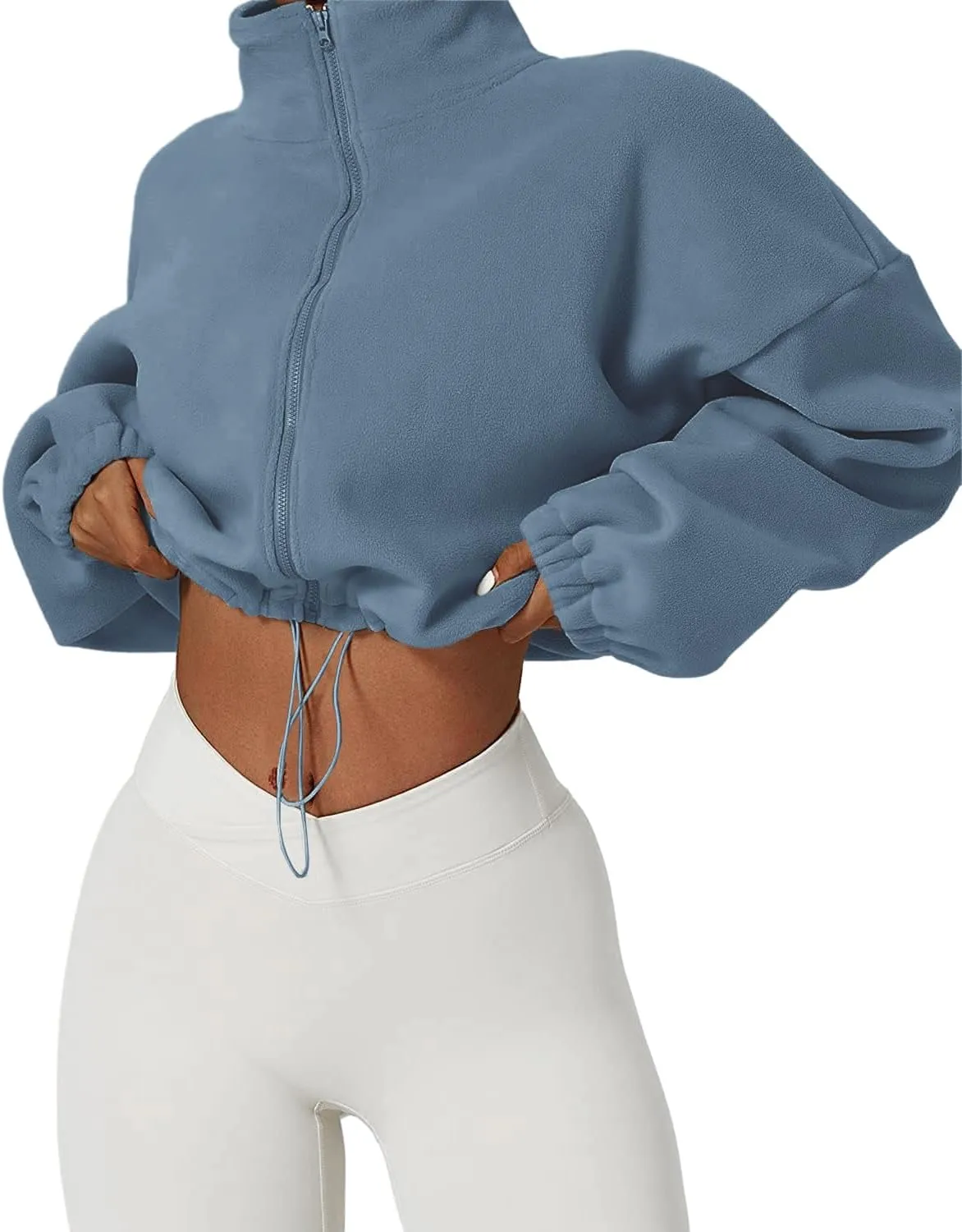 Muchpow Women's Full Zip Fleece Short Jackets Casual Winter Long Sleeve Stand Collar Sherpa Crop Coat