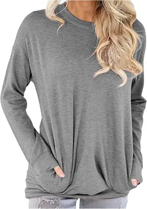 Muyise Womens Casual Long Sleeve Tunic Tops Solid Color Crew Neck Comfy Pullover Sweatshirts Loose Fit Blouses with Pockets
