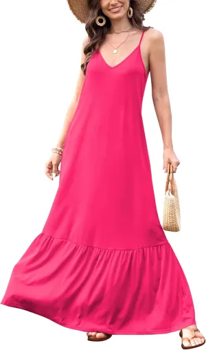Naggoo Women's Summer Maxi Dress Casual V Neck Spaghetti Strap Beach Dress Flowy Swing Long Sundress with Pockets