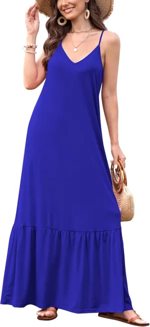 Naggoo Women's Summer Maxi Dress Casual V Neck Spaghetti Strap Beach Dress Flowy Swing Long Sundress with Pockets