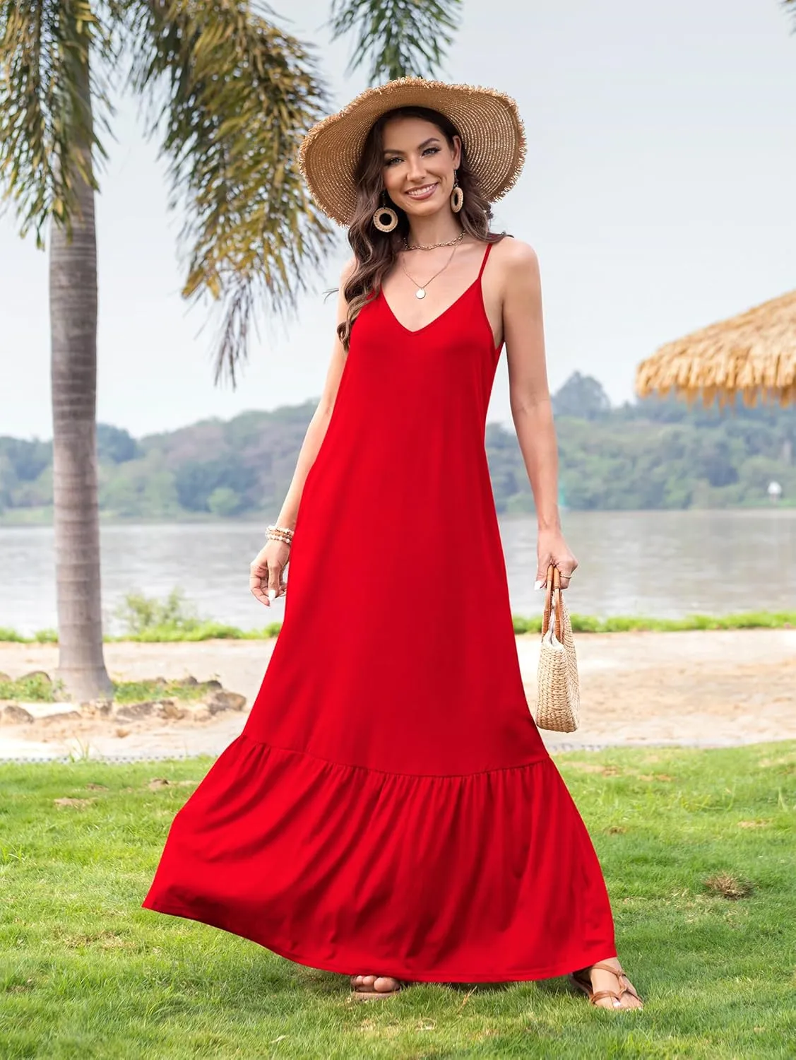 Naggoo Women's Summer Maxi Dress Casual V Neck Spaghetti Strap Beach Dress Flowy Swing Long Sundress with Pockets