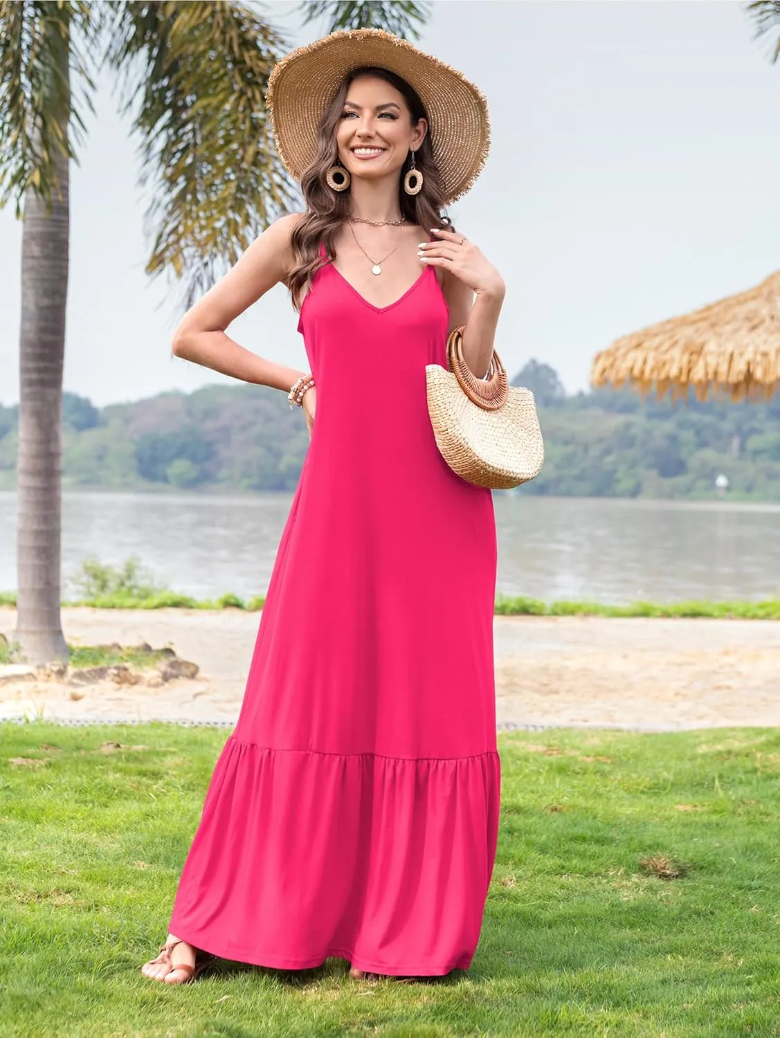 Naggoo Women's Summer Maxi Dress Casual V Neck Spaghetti Strap Beach Dress Flowy Swing Long Sundress with Pockets