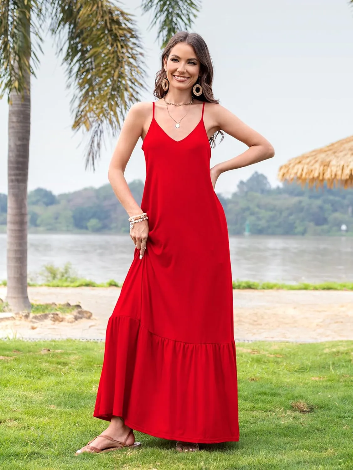 Naggoo Women's Summer Maxi Dress Casual V Neck Spaghetti Strap Beach Dress Flowy Swing Long Sundress with Pockets