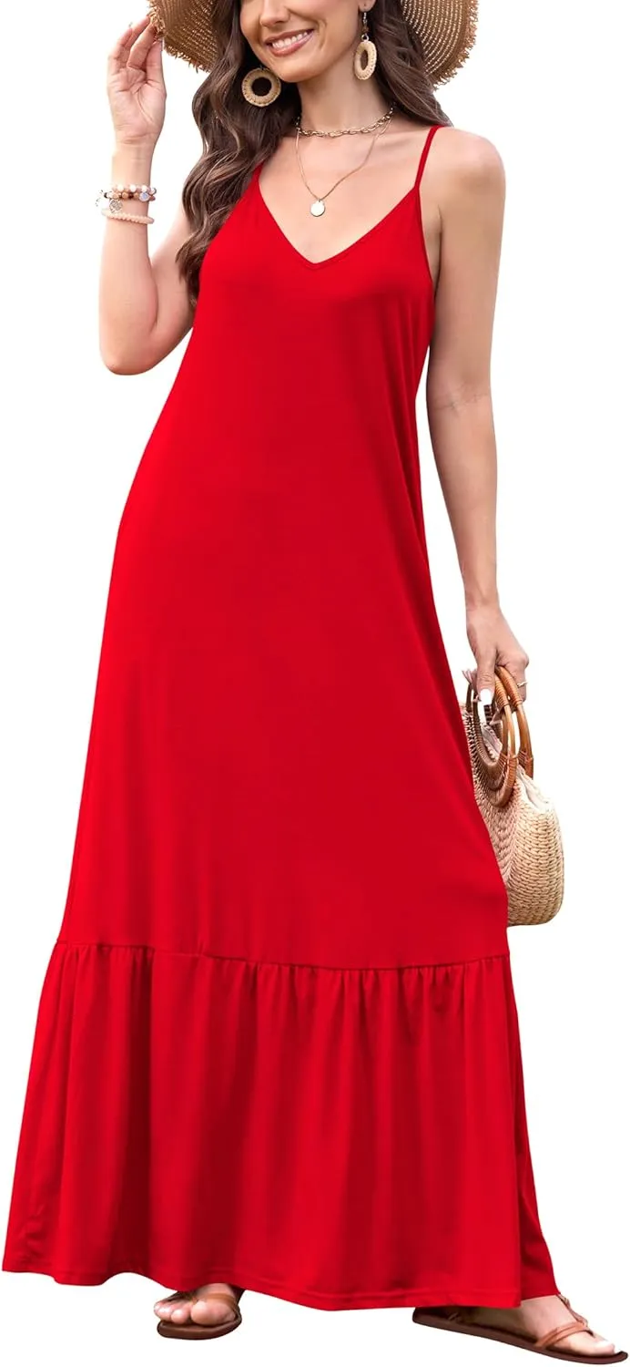 Naggoo Women's Summer Maxi Dress Casual V Neck Spaghetti Strap Beach Dress Flowy Swing Long Sundress with Pockets