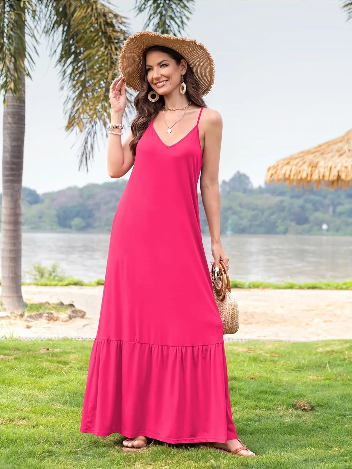 Naggoo Women's Summer Maxi Dress Casual V Neck Spaghetti Strap Beach Dress Flowy Swing Long Sundress with Pockets