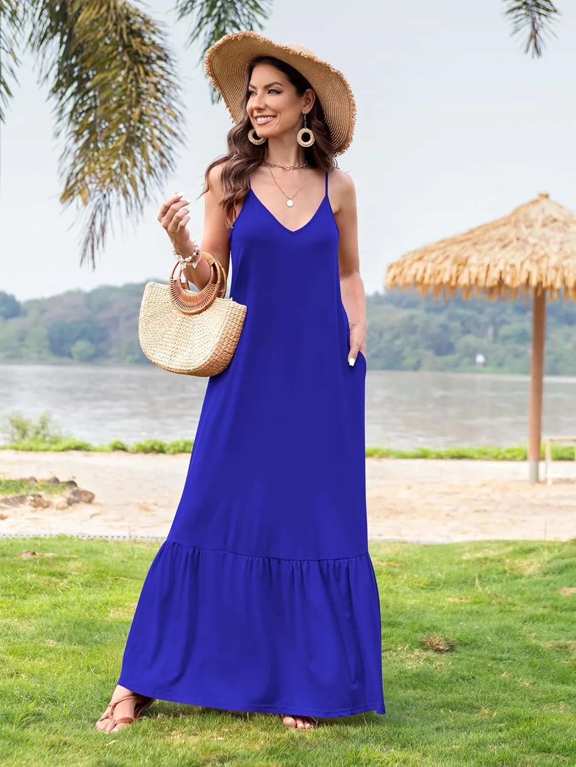 Naggoo Women's Summer Maxi Dress Casual V Neck Spaghetti Strap Beach Dress Flowy Swing Long Sundress with Pockets