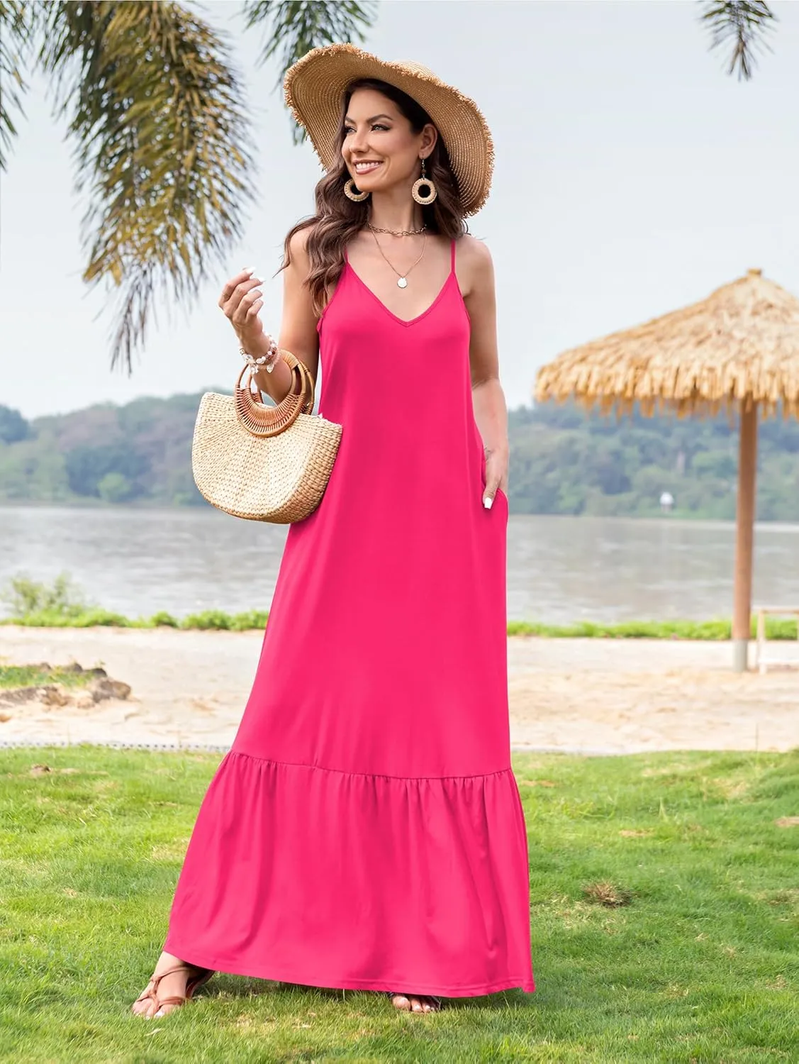 Naggoo Women's Summer Maxi Dress Casual V Neck Spaghetti Strap Beach Dress Flowy Swing Long Sundress with Pockets