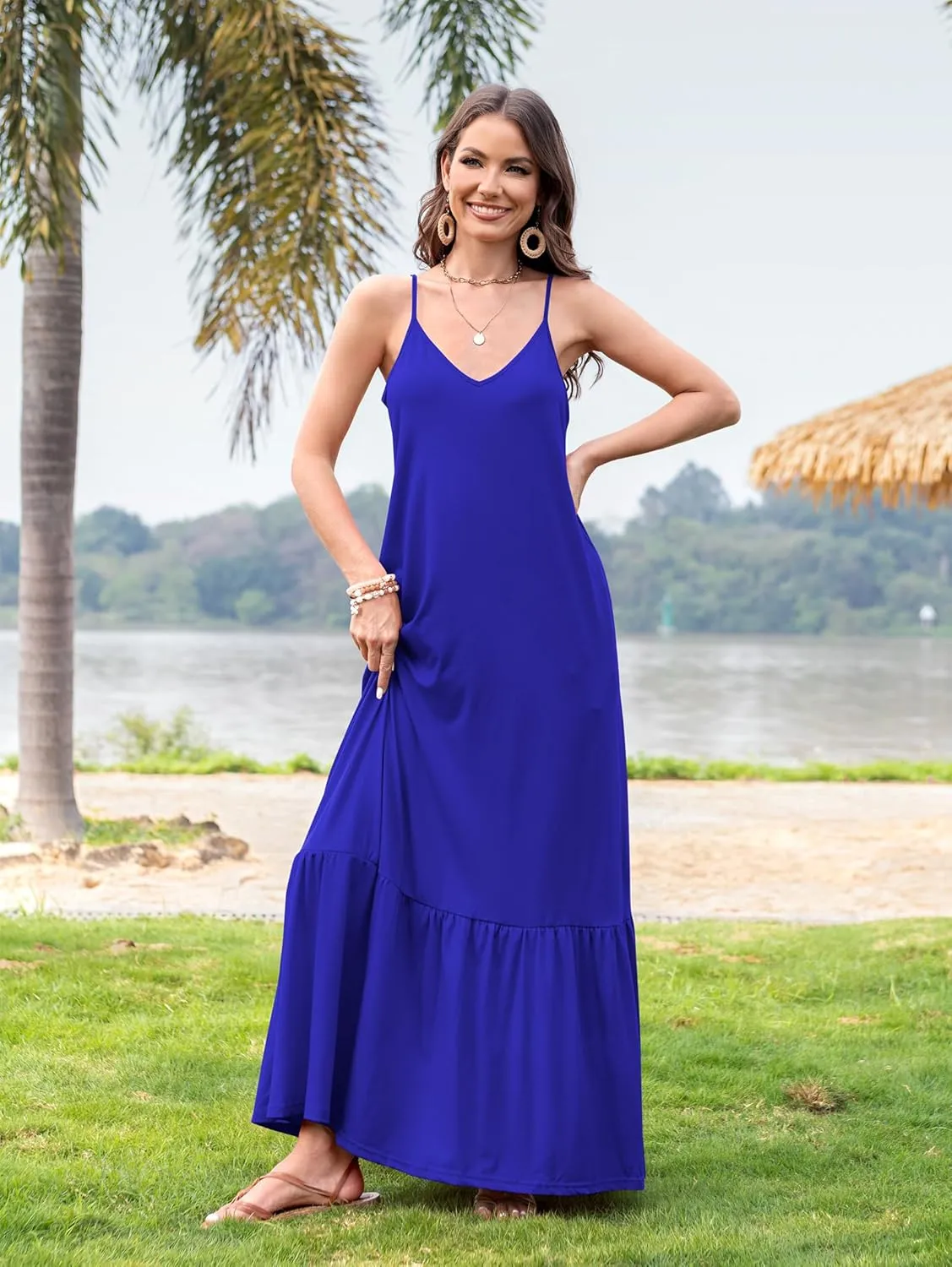 Naggoo Women's Summer Maxi Dress Casual V Neck Spaghetti Strap Beach Dress Flowy Swing Long Sundress with Pockets