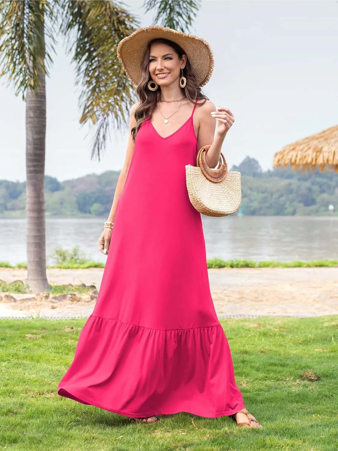 Naggoo Women's Summer Maxi Dress Casual V Neck Spaghetti Strap Beach Dress Flowy Swing Long Sundress with Pockets