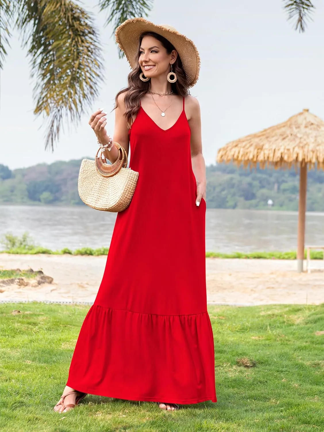 Naggoo Women's Summer Maxi Dress Casual V Neck Spaghetti Strap Beach Dress Flowy Swing Long Sundress with Pockets