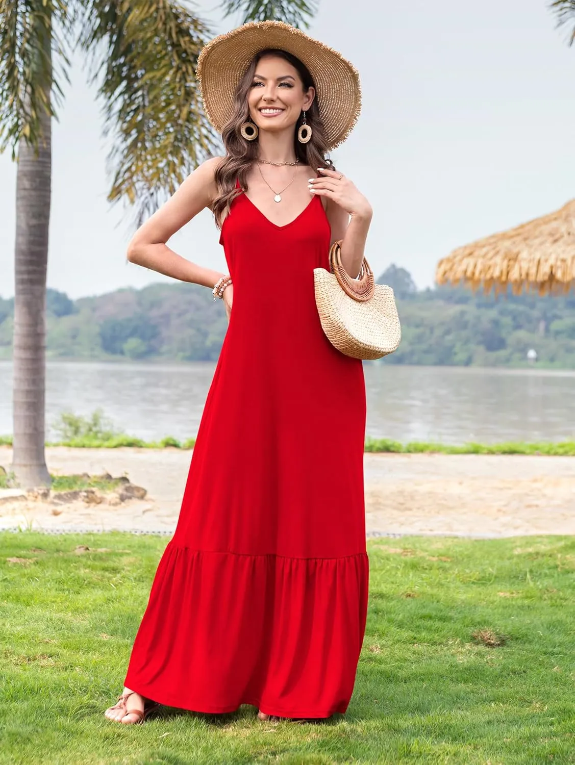 Naggoo Women's Summer Maxi Dress Casual V Neck Spaghetti Strap Beach Dress Flowy Swing Long Sundress with Pockets