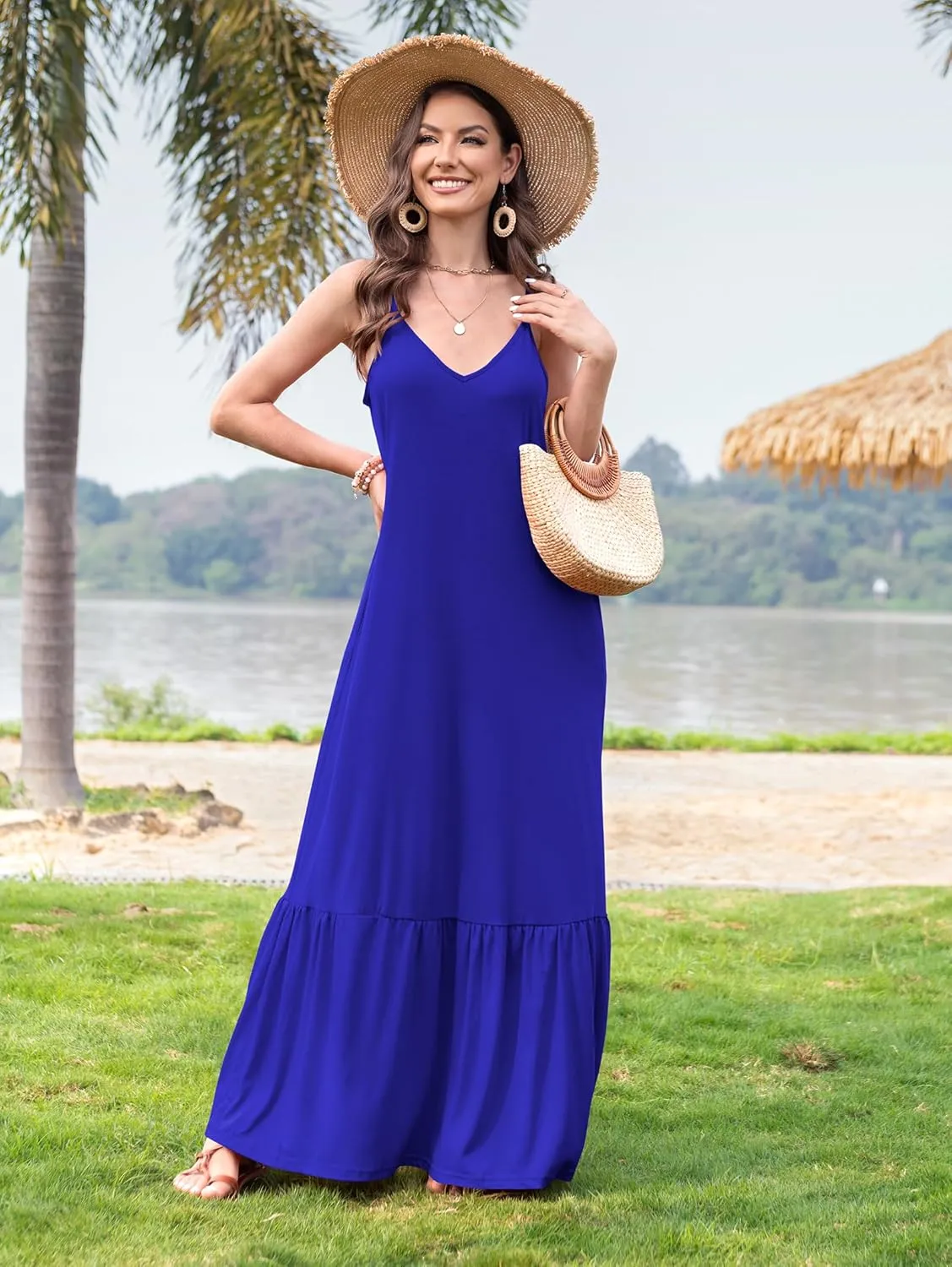 Naggoo Women's Summer Maxi Dress Casual V Neck Spaghetti Strap Beach Dress Flowy Swing Long Sundress with Pockets