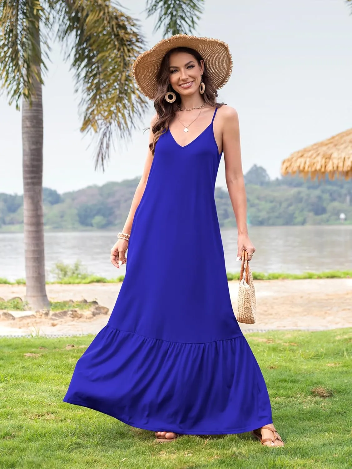 Naggoo Women's Summer Maxi Dress Casual V Neck Spaghetti Strap Beach Dress Flowy Swing Long Sundress with Pockets