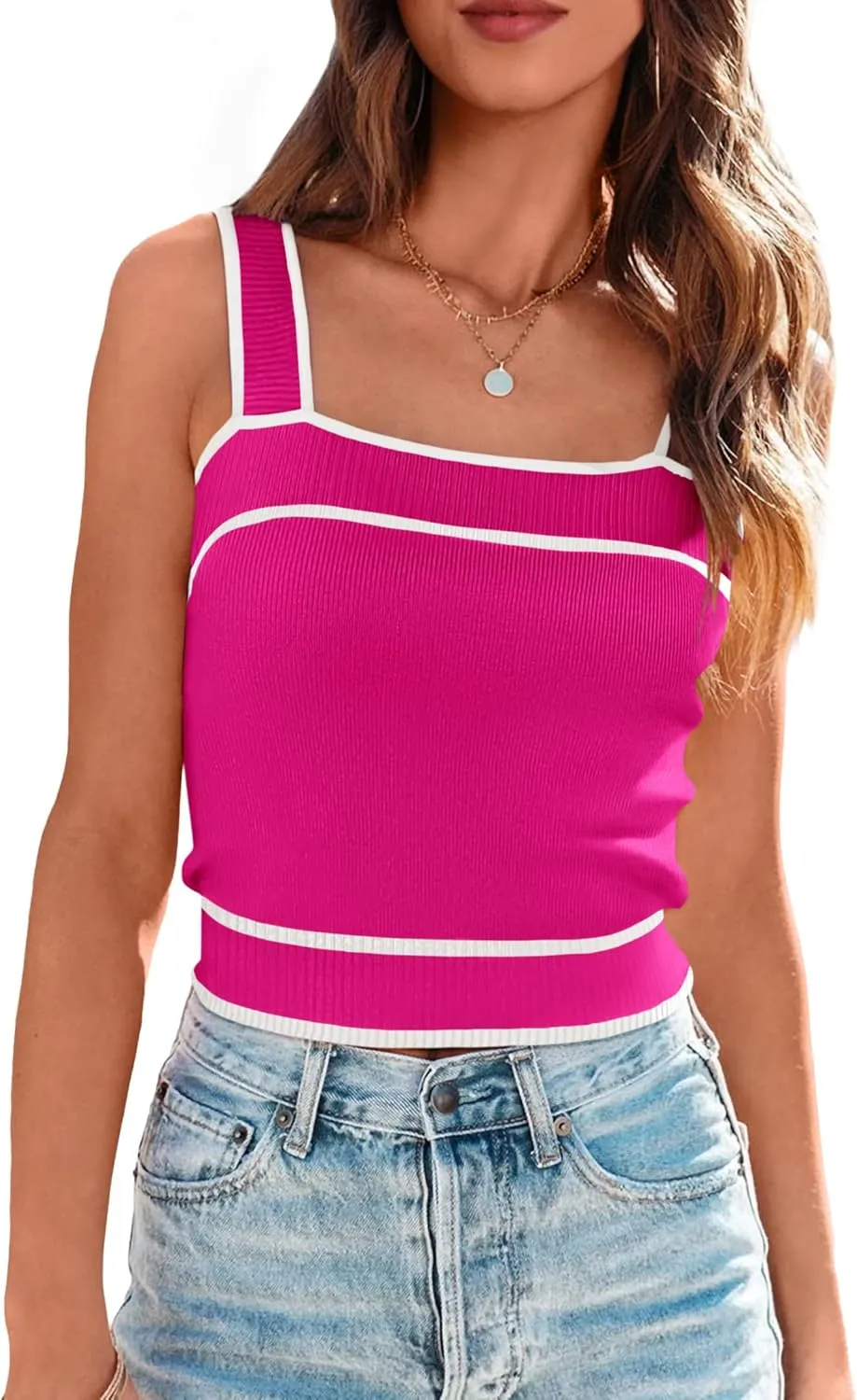 NALANISA Women's Trendy Summer Square Neck Crop Tank Tops 2025 Casual Color Block Knit Sleeveless Slim Fit Y2k Cami Shirts