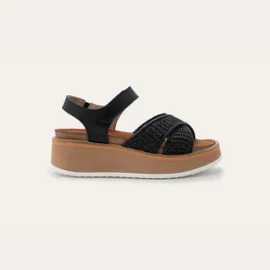 NAOT Pavlova - Jet Black Leather / Black Raffia