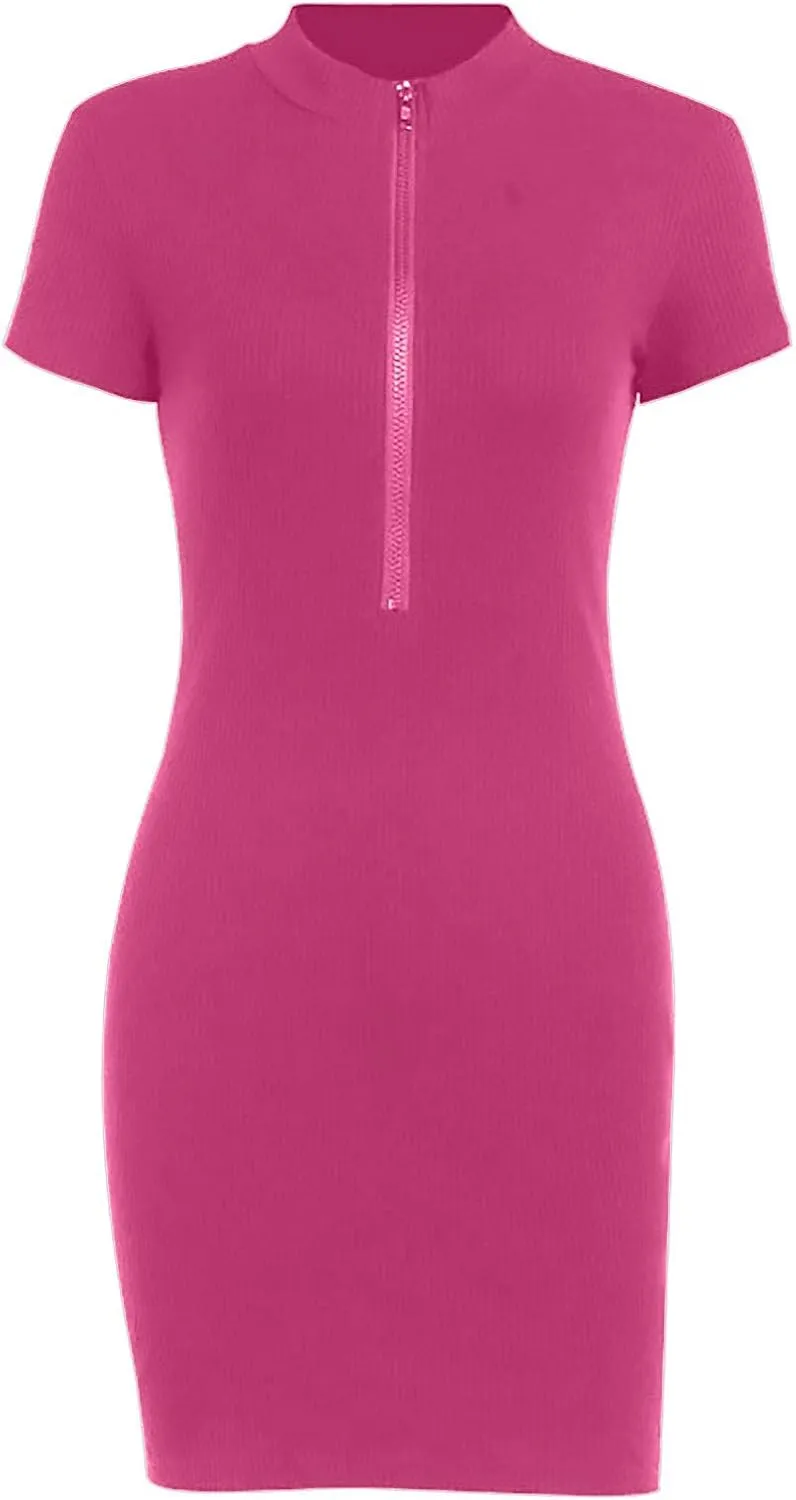 NaRHbrg Women's Zip Up Bodycon Dress Short Sleeve Ribbed Slim Fit Mini Dresses Sexy Casual Club Party Outfit