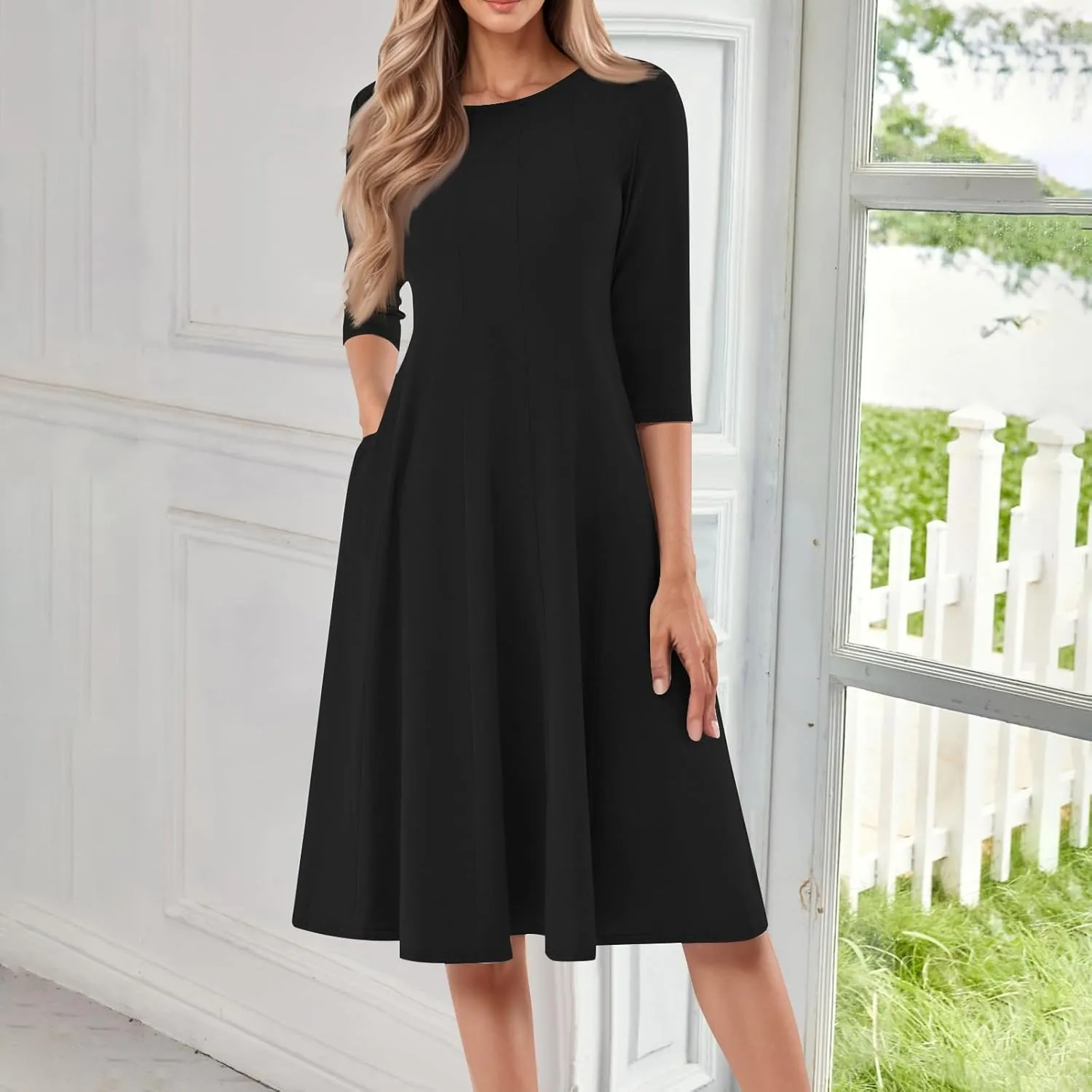 NBXNZWF Womens 3/4 Length Sleeve Dresses Casual Round Neck Three Quarter Sleeve Midi Dress Fall Elegant Knee Length Dresses
