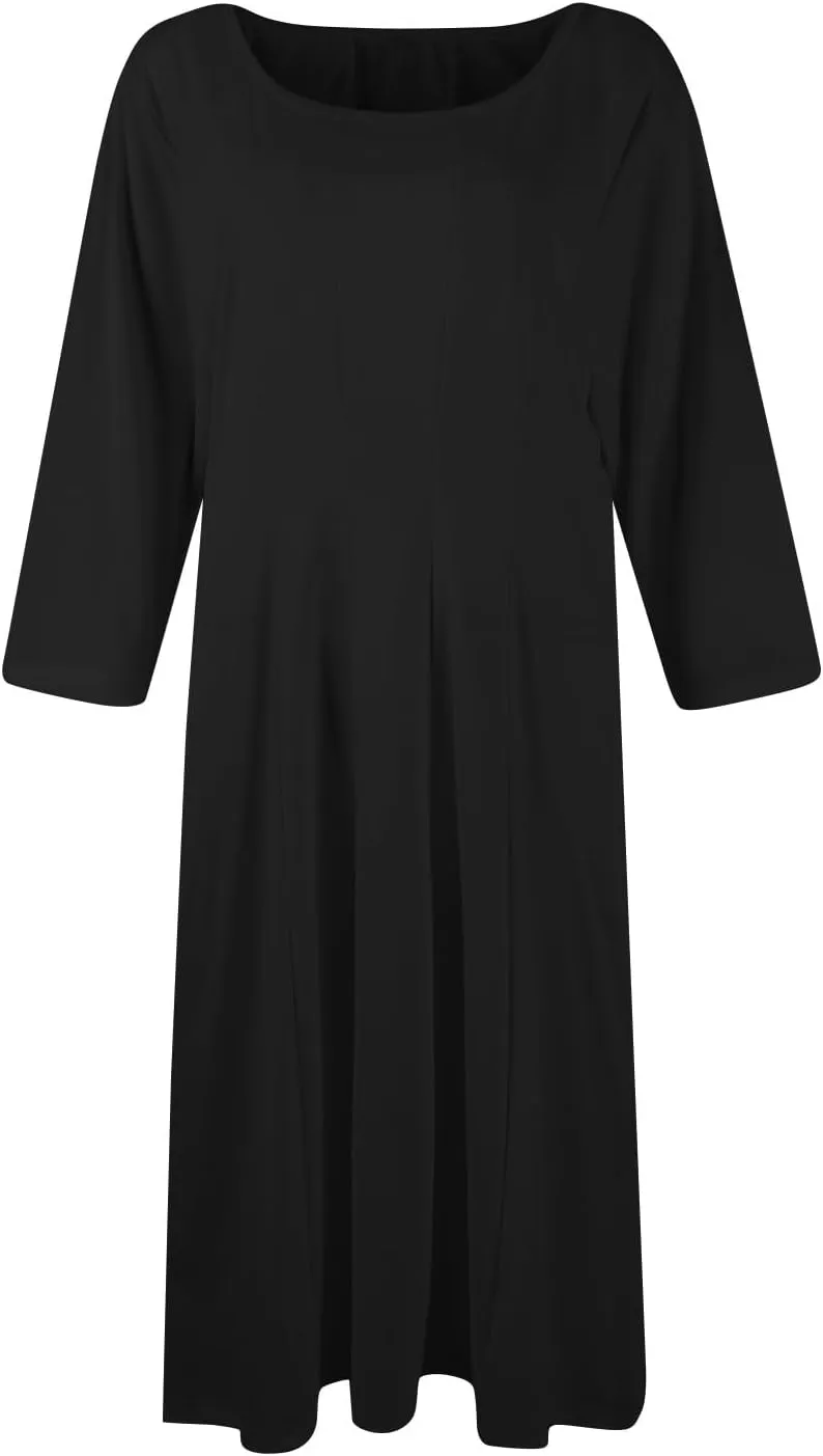 NBXNZWF Womens 3/4 Length Sleeve Dresses Casual Round Neck Three Quarter Sleeve Midi Dress Fall Elegant Knee Length Dresses