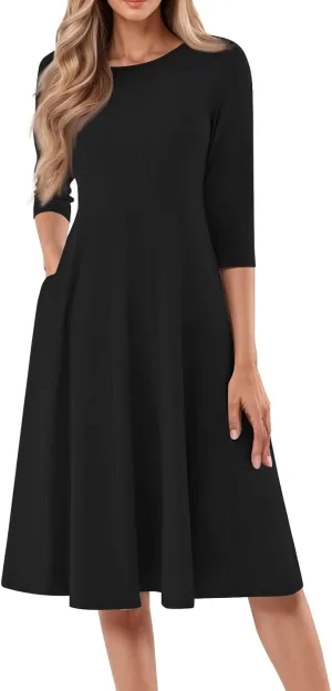 NBXNZWF Womens 3/4 Length Sleeve Dresses Casual Round Neck Three Quarter Sleeve Midi Dress Fall Elegant Knee Length Dresses