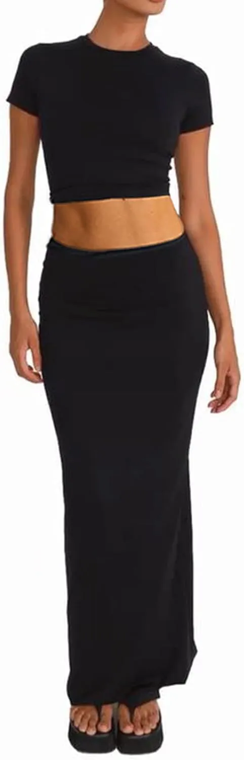 NUFIWI Women Y2k 2 Piece Outfits Set Short Sleeve Crew Neck Shirt Top Solid Bodycon Long Maxi Skirt Set