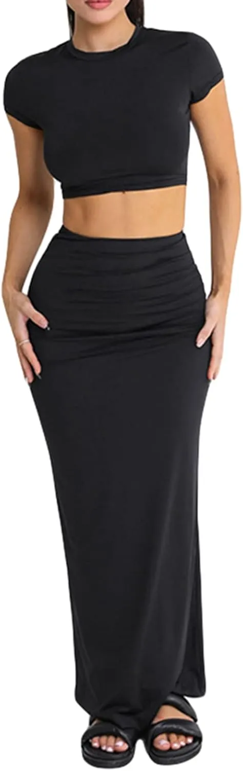 NUFIWI Women Y2k 2 Piece Outfits Set Short Sleeve Crew Neck Shirt Top Solid Bodycon Long Maxi Skirt Set